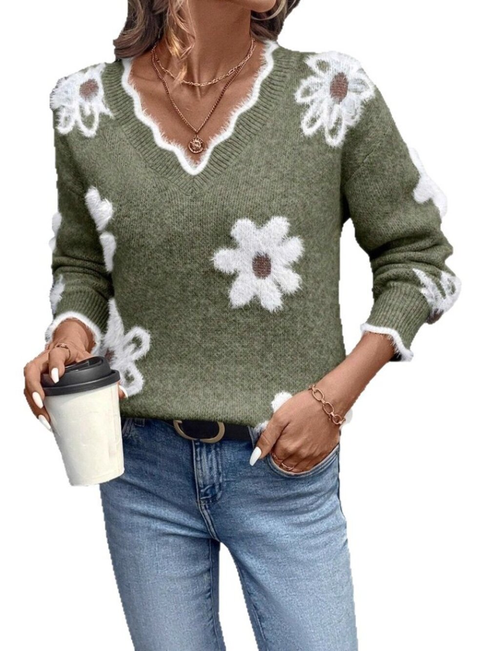 Women's Army Green Floral Jacquard Sweater – Long Sleeve Knit Pullover - Picture 4 of 5